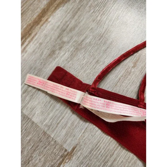 PINK Victoria’s Secret Velvet Bralette L Red Strappy Back Wireless Bra EUC - Picture 7 of 7